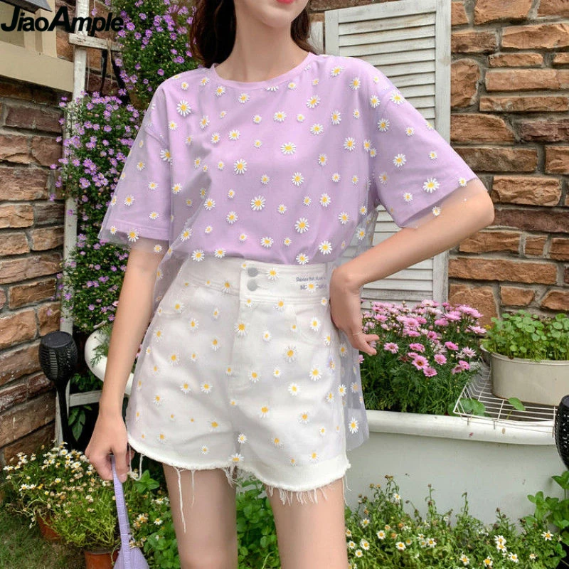 

Korean Fashion Sweet Mesh Daisy T-shirt for Women Ins Loose Girl Student Joker Tops 2020 Summer Short Sleeve Streetwear Clothing