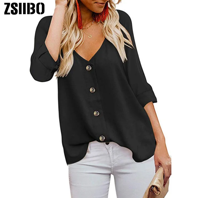 Женская блуза на пуговицах туника с v образным вырезом и длинным рукавом топы 2020