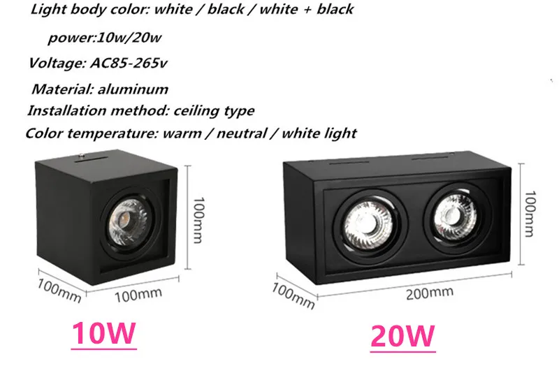 Luz descendente LED COB regulable, ajuste de superficie de alta calidad, Blanco, Negro, ac85-265V, 10W, 20W, 1 ud.