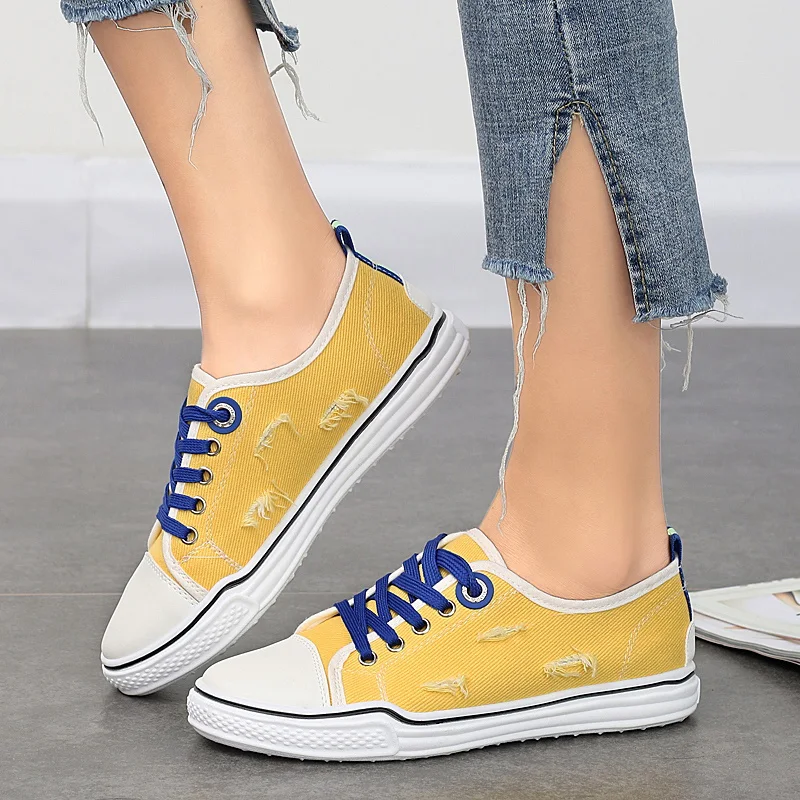 Желтая милая дешевые парусиновые туфли для женщин из канваса без шнурков дышащие