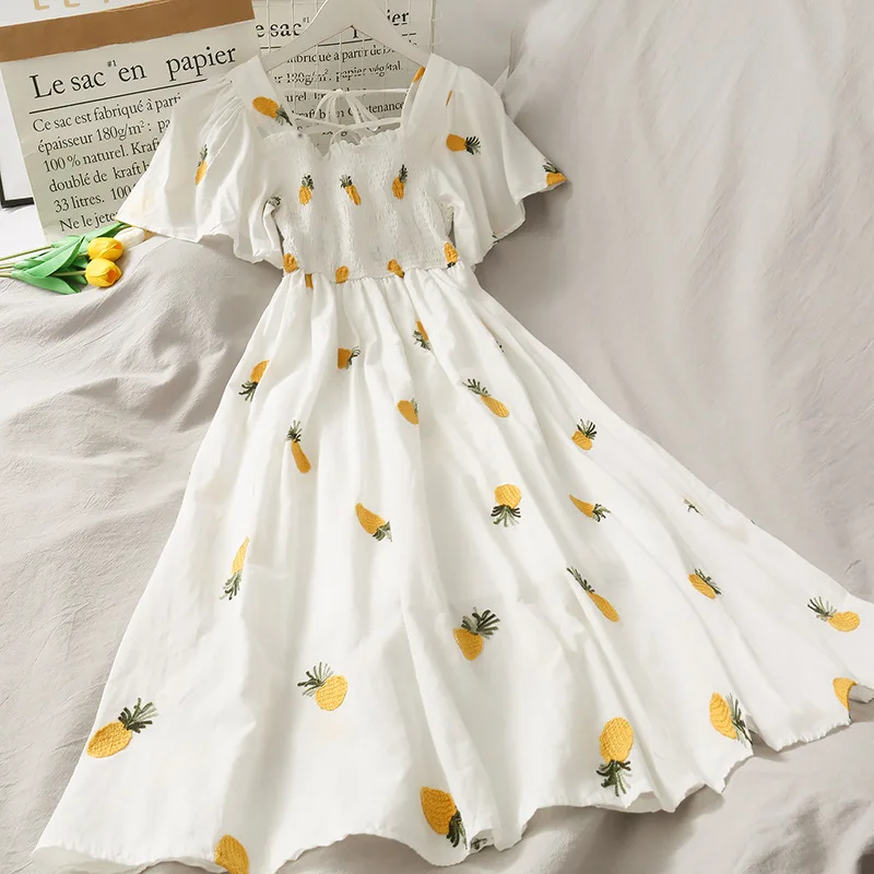 

Women Summer High Waist White Fairy Dresses Lace-up Elastic Bust Cute Embroidery Korean Womens Femme Ulzzang Stylish Daily Indie