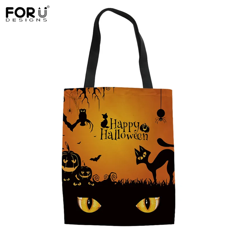 

FORUDESIGNS Women's Portable Handbags Fashion Canvas Shoulder Bags Halloween Night Pattern Youth Girls Halloween Shopping Bags