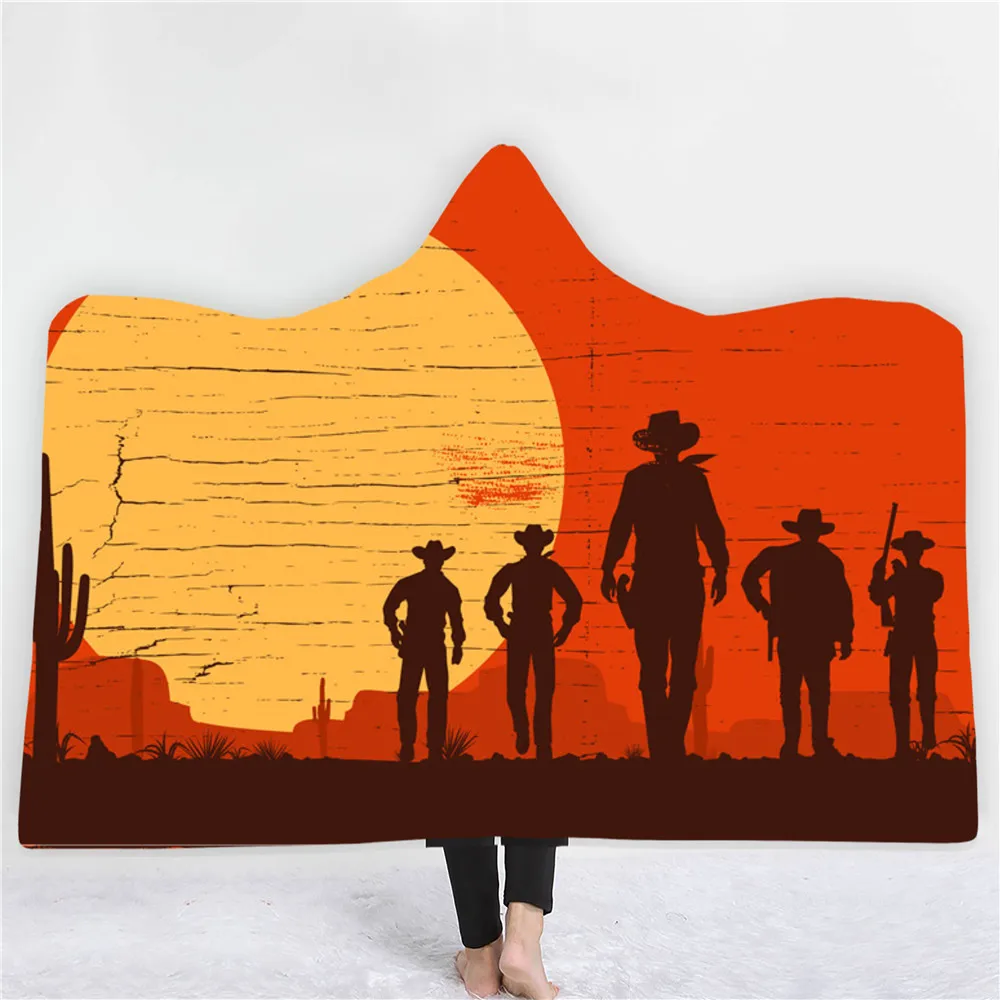 

West Cowboy Hooded Blanket Hero On Horseback Blanket Kids Warm Sofa Wearable Blanket 3D Print Travel Picnic Fleece Blanket