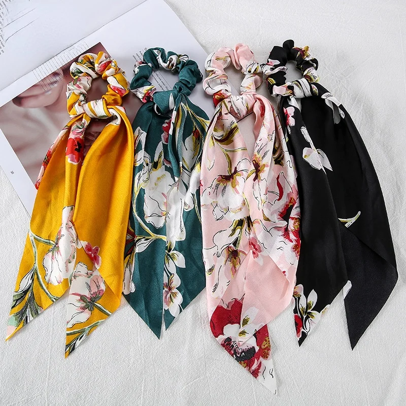 

Chiffon Elastic Hair Bands Bow Hair Ring Hair Accessoires Girl Printed Ribbon Hair Circle French Romantic Silk Scarf Hair Rope