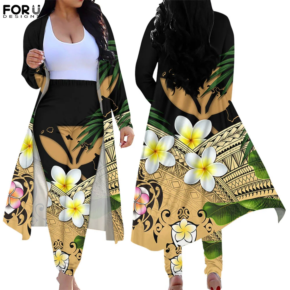 

FORUDESIGNS Women's Hawaiian Plumeria Style 2 Piece Suit Loose Open Front Cardigan & High Waist Skinny Pants Elegant Party Suits