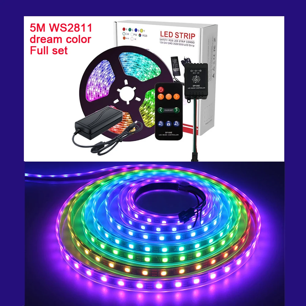 

5M WS2811 LED Strip DC12V Ultra Bright Highly Efficient 5050 RGB Dream Color LEDs High Light Addressable 30/60leds/m Full set