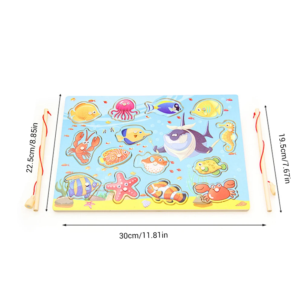 Детские развивающие игрушки Магнитные деревянные пазлы с 14 рыбами и 2 магнитными