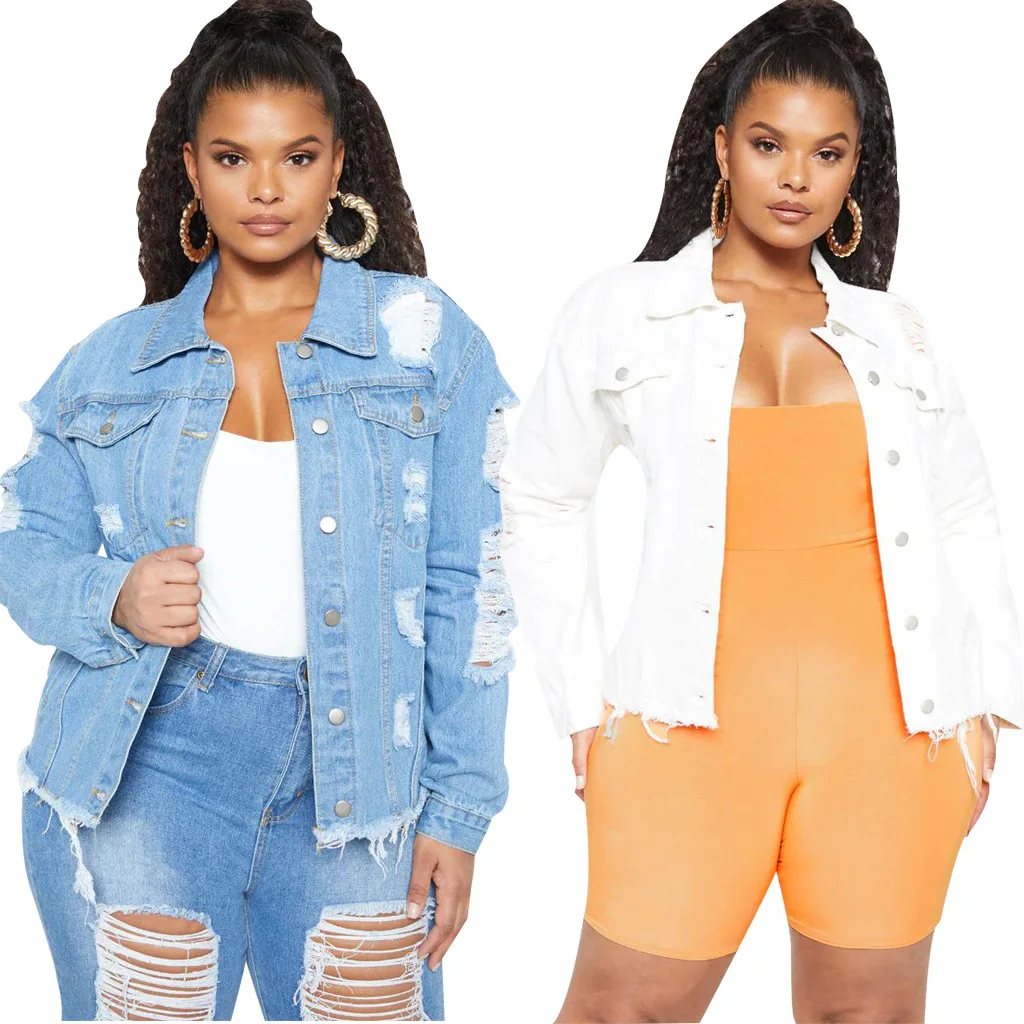 

Однобортная женская джинсовая куртка, Повседневная модная дамская однотонная джинсовая куртка ручной работы с потертостями и отложным вор...