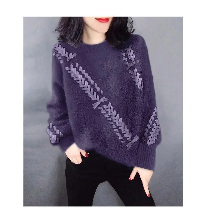 

Casual Irregular Printing Round Neck Purple Knit Sweater Sweater European Station Winter Women's New Style