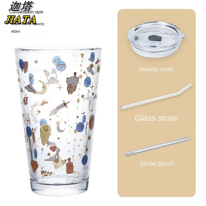 

Coffee Glass Starry Sky Cup Home Adult High-value Water Cup Female Glass Net Red Straw Cup Ins Wind Kawaii Water Bottle