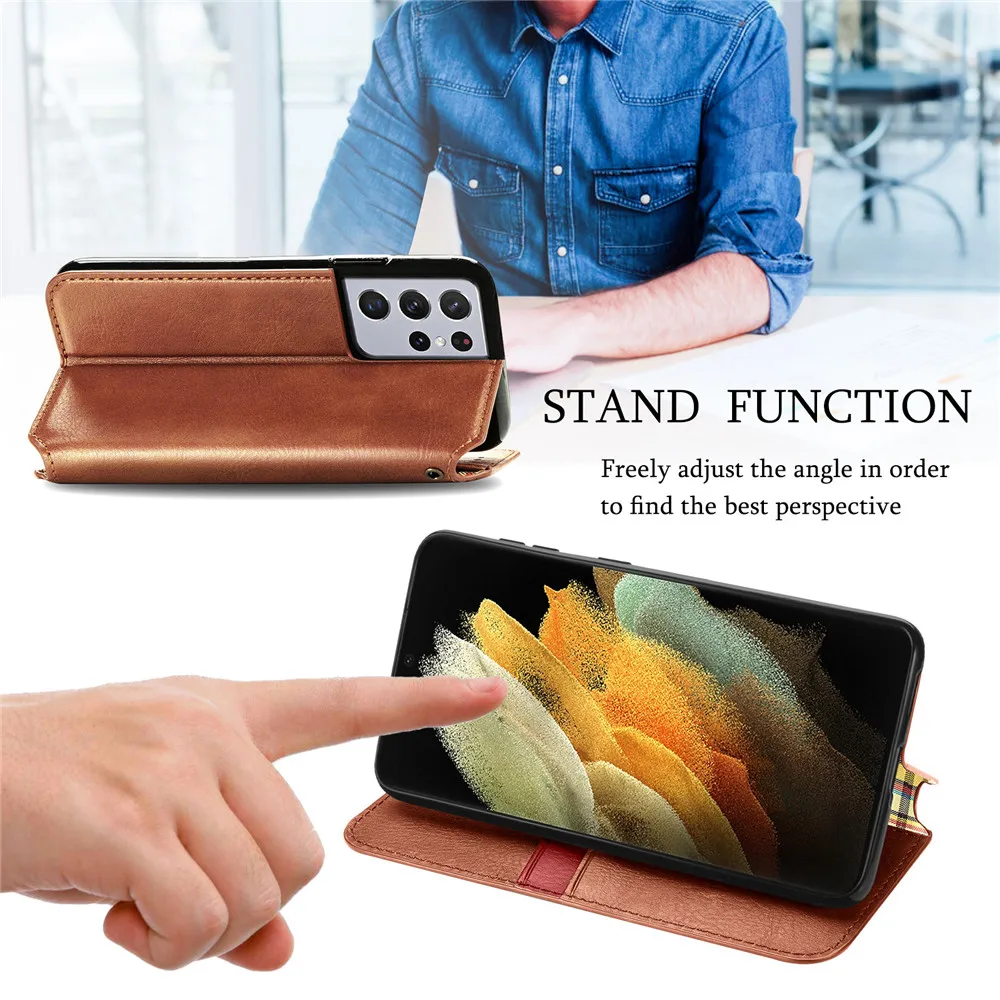 luxury skin leather case for samsung galaxy s21 s20 fe s10 e s9 s8 note 20 10 9 8 plus ultra a81 a91 magnetic stand phone cover free global shipping