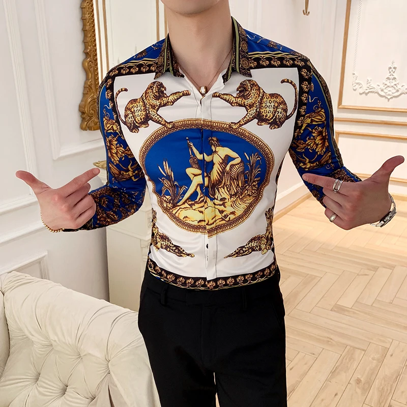

Рубашка мужская с леопардовым принтом, приталенная Повседневная с длинным рукавом, брендовая Клубная блуза, золотистая, размеры до 3XL, на ос...