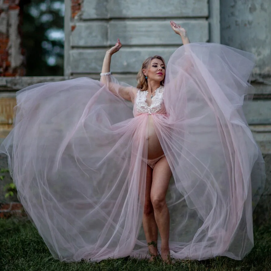 

Peignoir With Sleeves Boudoir Lingerie Maternity Gown Sexy Photo Shoot Dress Honeymoon Brides Robe Tulle And Lace Bridal Robe