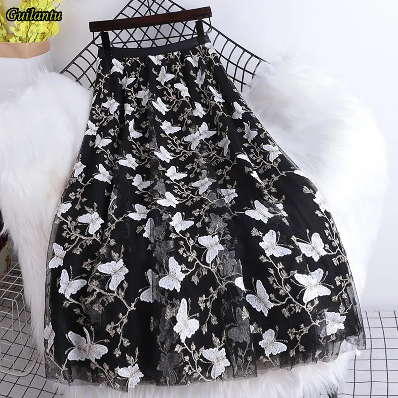 

Guilantu весенне-осенняя сетчатая длинная юбка с вышивкой в виде бабочек Женская модная винтажная фатиновая юбка с высокой талией в Корейском с...
