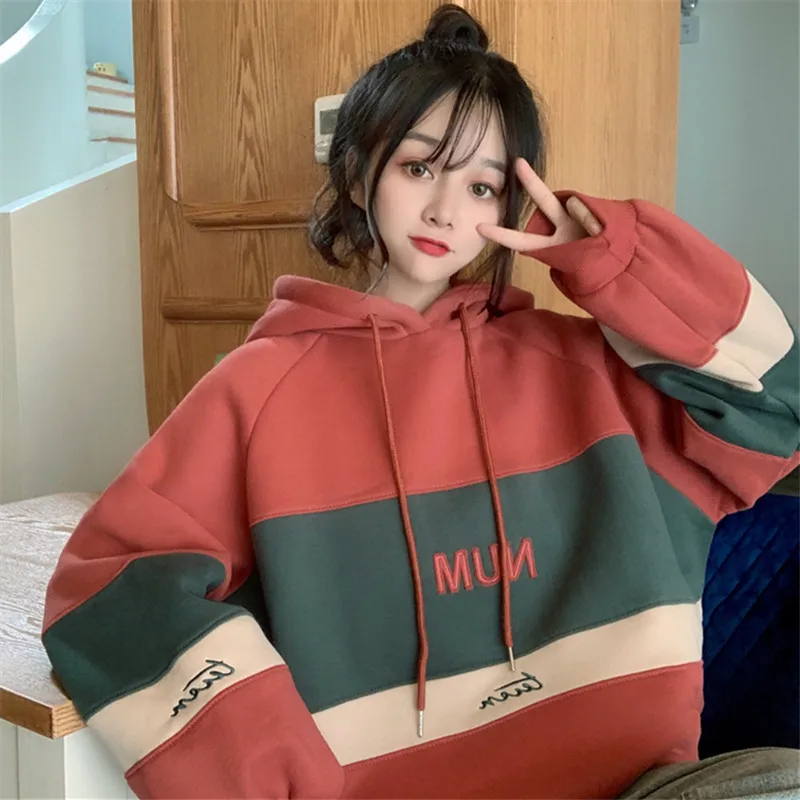 

ZITY hoodie Pink Tops Women's Autumn and Winter New Casual Fashion Loose Hoodie Plus Velvet Thick Student Pullover Top
