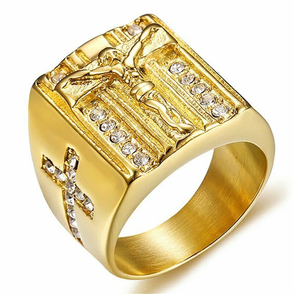 

Mens Stainless Steel Gold CZ Jesus Cross Crucifix Ring For Men Size 7-15