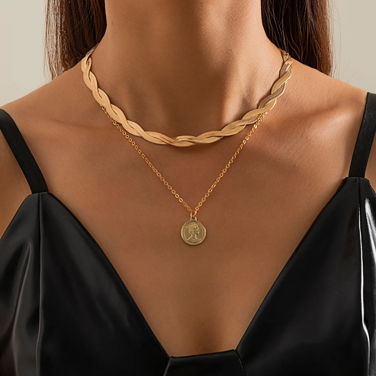 

IngeSight.Z Copper Twisted Blade Snake Chain Choker Necklaces Multi Layered Portrait Carved Coin Pendant Necklaces Women Jewelry