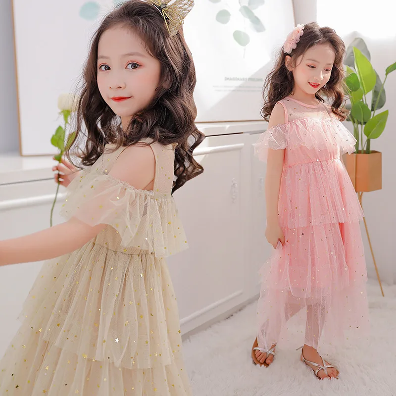 Kids Dresses for Girls Princess Dress 2021 Spring Mesh Lace Sequins Layered Children Clothes Costume 8 10 12 13 Years | Детская одежда