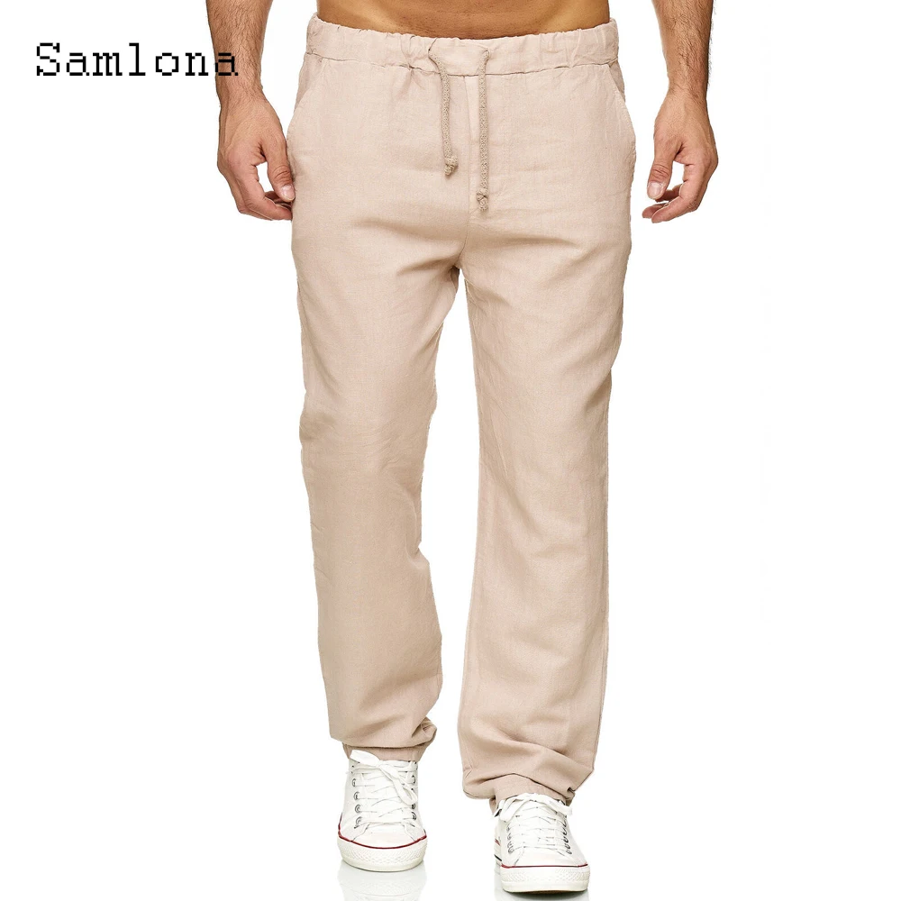 

Мужские льняные брюки с карманами Samlona 2021, повседневные брюки цвета хаки и черного цвета с кулиской, мужские Модные свободные спортивные брюки размером 3xl