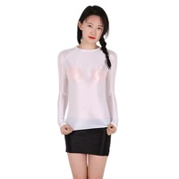 oil glossy shiny see through long sleeve t shirt women sexy fitness tshirt tops dance clothing summer bodycon transparent shirts