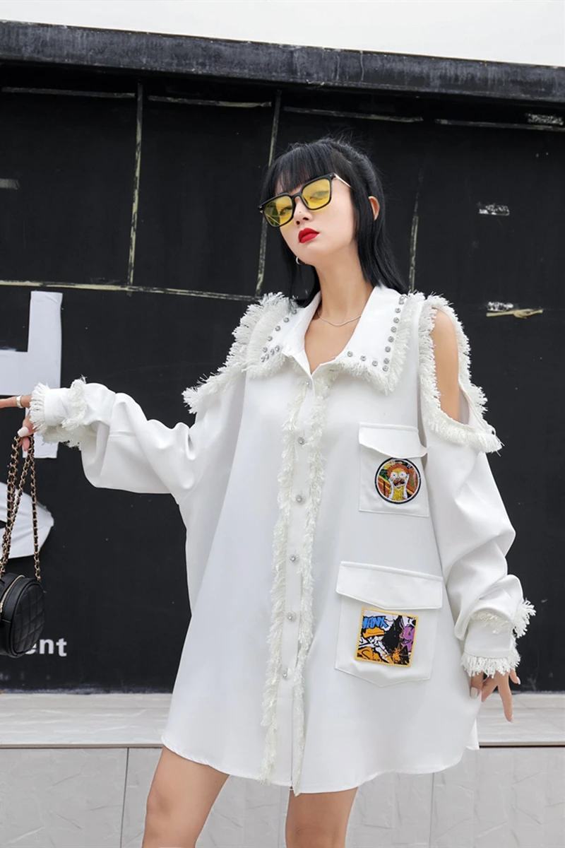 

QING MO White Women Off Shoulder Blouse 2021 Women Cartoon Embroidery Blouse Female Tassel Blouse Beading ZQY6495
