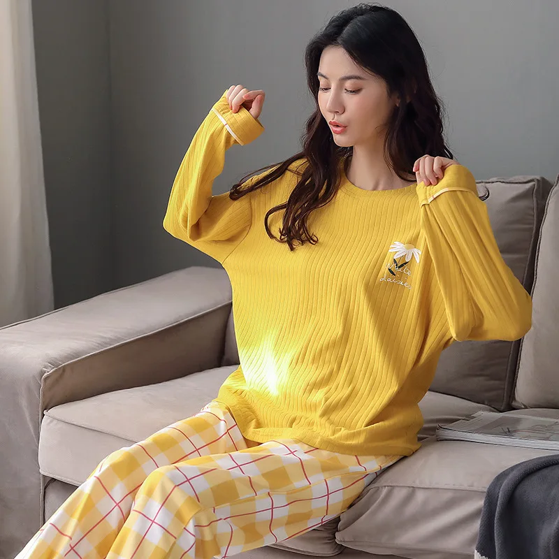 

Winter Pyjamas Pure Cotton Pajamas Set For Women Simple Black Cartoon Sleepwear Women Anime Long Pant Home Suit Loose Oversize