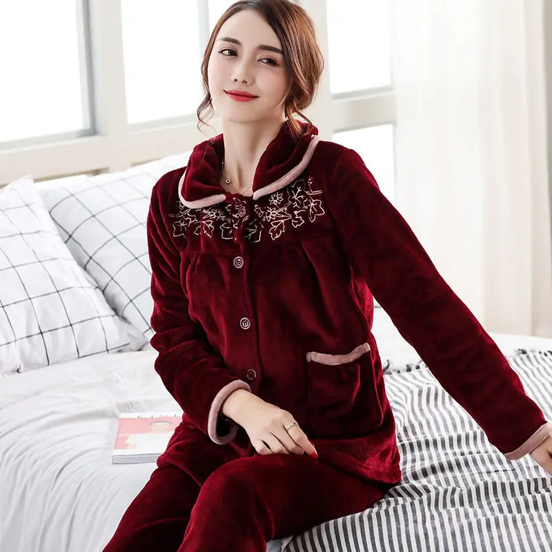 Autumn Winter Warm Pajamas Sets For Women Thick Flannel Coral Long Sleeve Female Pajama Pyjamas Set Sleepwear Home Clothing | Женская