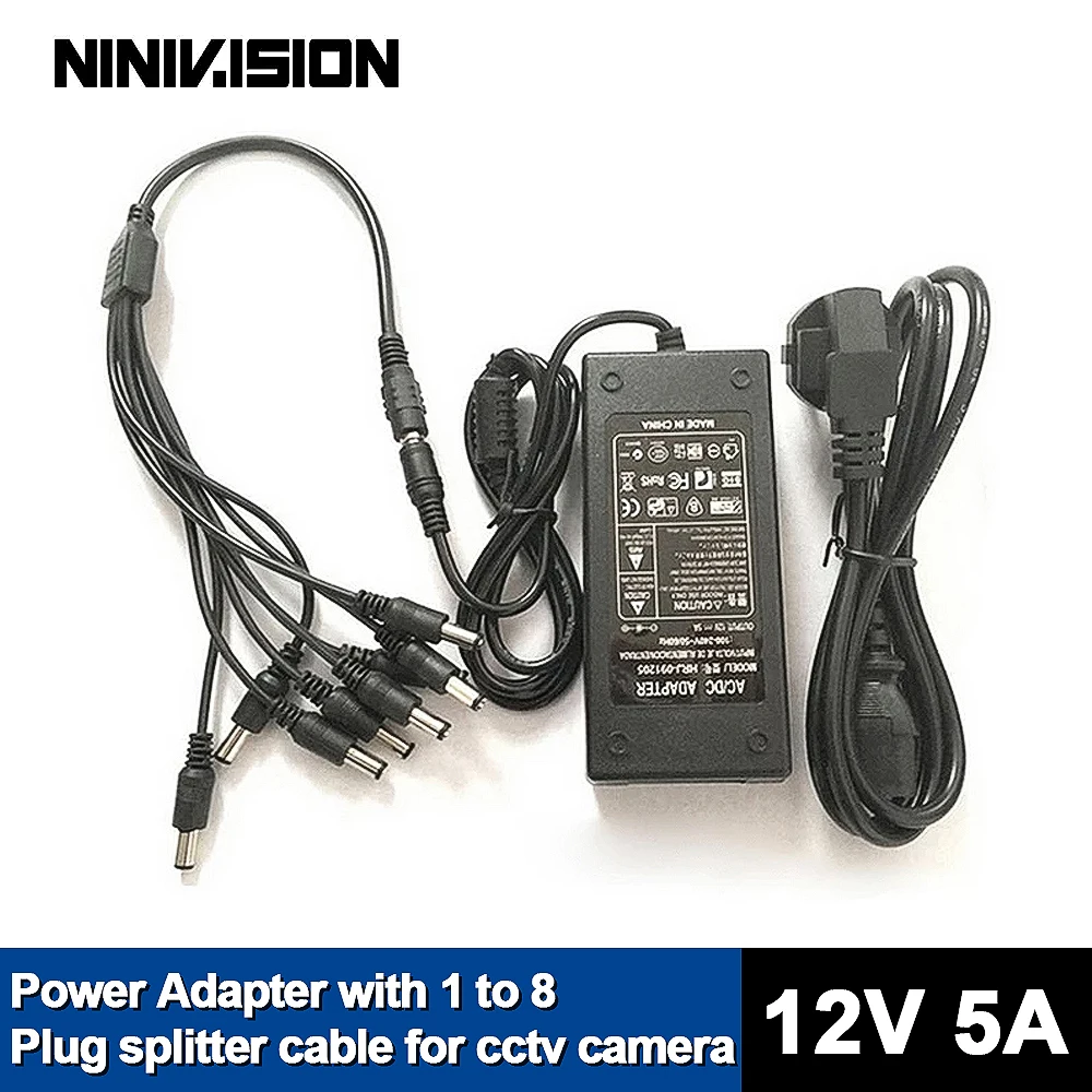 

NINIVISION 12V 5A 8CH Power Supply CCTV Camera Power Box 8 Port DC+Pigtail COAT DC 12V Power Adapter