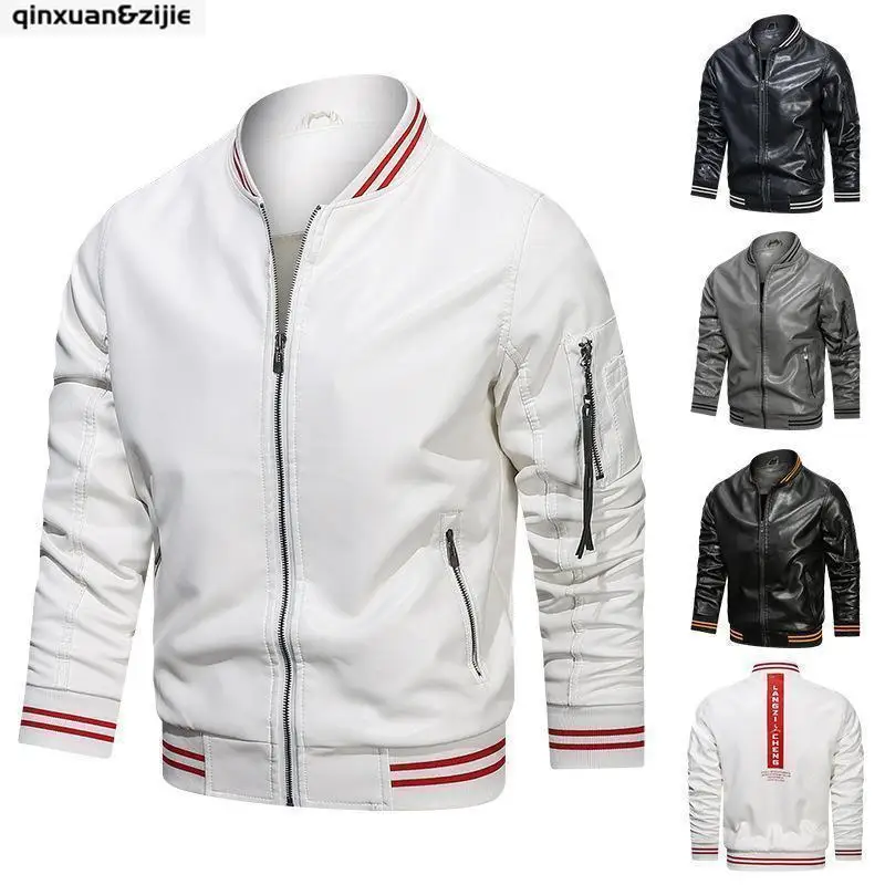 

Q&Z New Faux Leather Men's Windbreaker Jackets Zip Up Sports Casual Solid Simple Slim Fit Jacket Men Clothing Autumn Winter2021