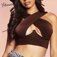yitimuceng hollow out tank top for women sexy short crop tops brown crossover black clothes 2021 fashion new summer streetwear