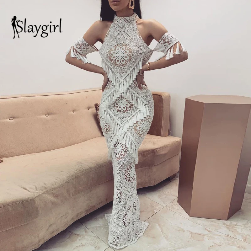 Slaygirl, сексуальное длинное платье с кисточками, женские вечерние платья макси с открытыми плечами, модное белое кружевное Клубное платье для женщин, Vestidos