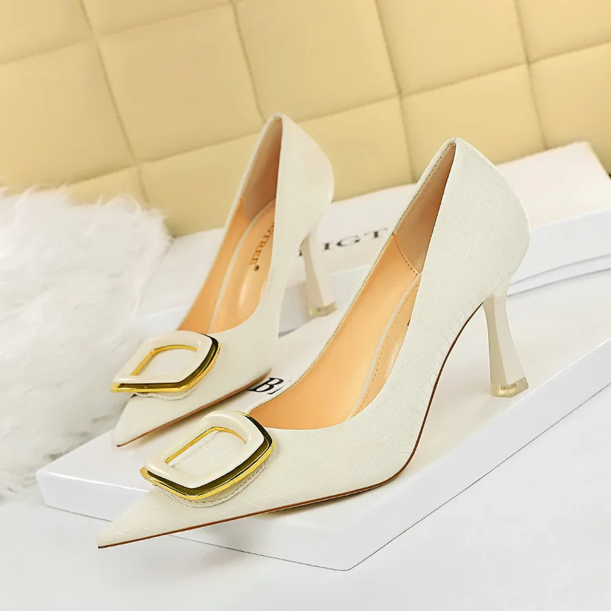 

Metal Buckle Pumps Shoes Women Heels Pointed Toe Slides Slip on Shallow Sandals High Heel Stilettos Big Size Zapatos De Mujer