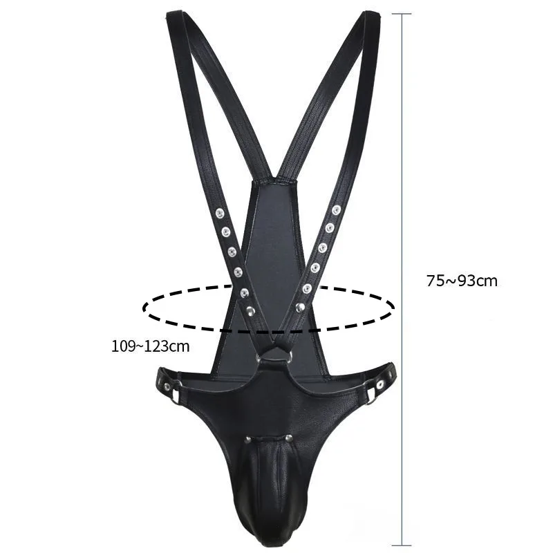 

Mens Nightclub Sexy Suit PU Leather One-piece Bodysuit Homosexual Bondage Lingerie Set Men's Flirting Uniform T-back Thong A50