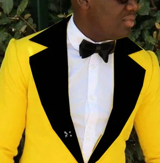 Fashion Yellow Jacket Prom Men Wedding Suits Black Peaked Lapel Mens Tuxedo Groom Groomsman Best Man Slim Fit Mens Suits