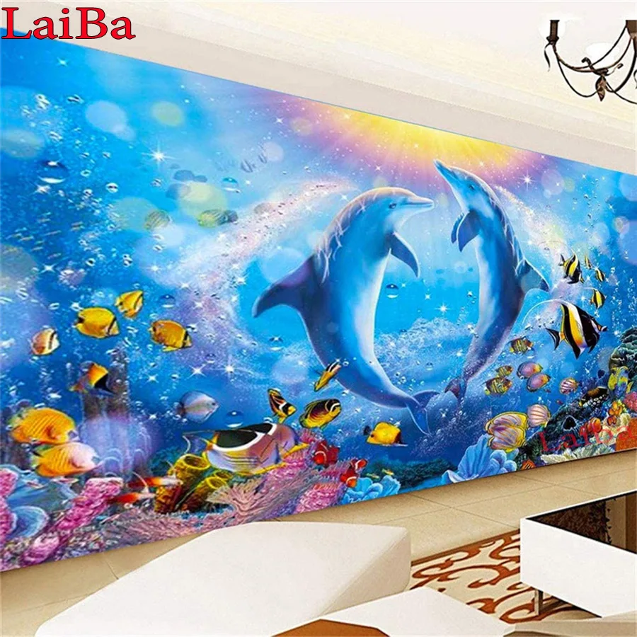 

5D Diy Daimond Painting "Dolphin" 3D Diamond Painting full Round Rhinestones Marine life Embroidery blue ocean landscape decor