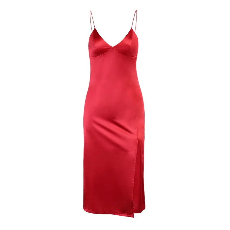 

Beyouare Sexy Silk Women Dress Spaghetti Strap V Neck Sleeveless Split Knee-Length Dresses 2021 Autumn Solid Red Elegant Fashion