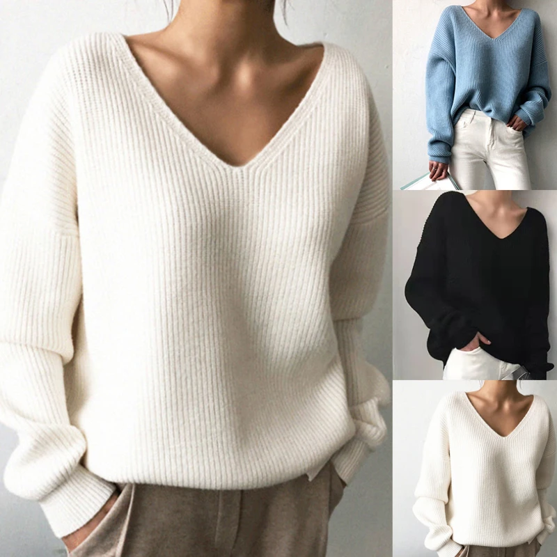 

Women's Sweater Knitted Autumn Winter V Neck Blue Thick Knit Pullover 2021 Long Sleeve White Warm Sweaters for Women