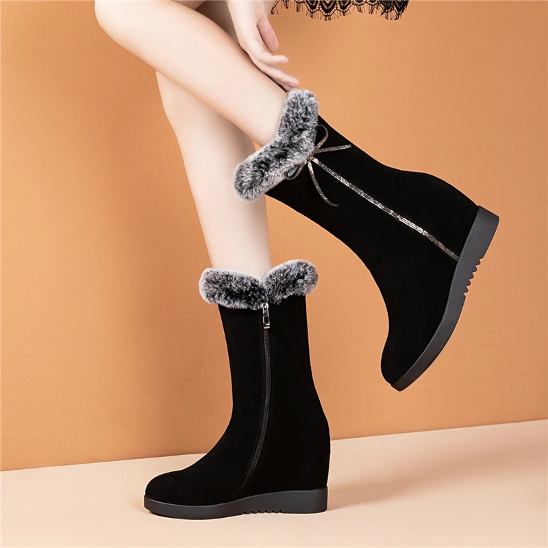 

VERCONAS 2020 New Women Mid-Calf Boots Fashion Height Increasing Shoes Woman Winter Elegant Butterfly-Knot Cow Suede Snow Boots