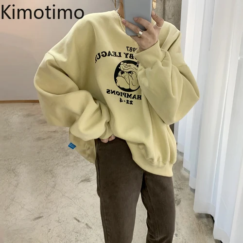 

Kimotimo Women Cartoon Printed Hoodies Autumn Winter Casual O-neck Loose Pullover Korean Chic Long Sleeve All-match Sweatshirt