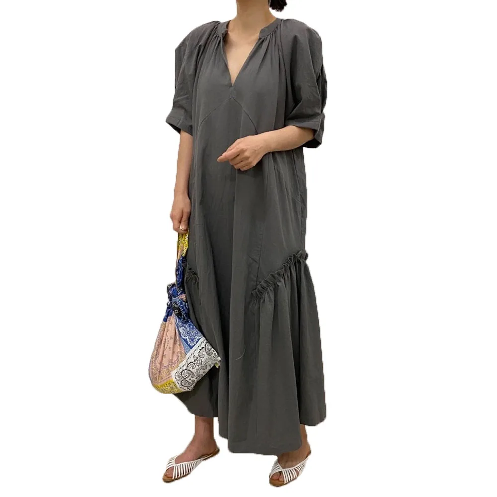 

2021 Summer New Japanese Korean Style Solid Color Retro Long Women's Dress Fungus V-neck Puff Sleeve Loose Casual