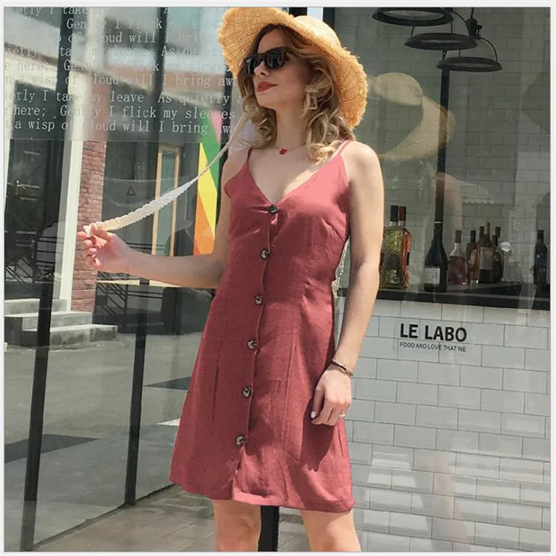 2019 Zomer jurk спагетти Группа V-hals efffen Knop Zomerjurk Vrouwen повседневные однобортные вечерние