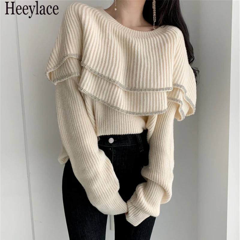 

Новинка 2021, осенне-зимние женские свитера, теплые пуловеры, элегантные модные вязаные винтажные женские топы с оборками