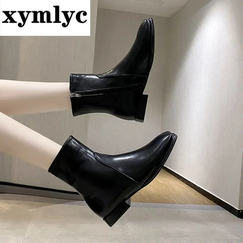 

Women Leather Boots Half Short Shoes Women Winter Flat Heel Shoes Fashion Zipper Warm Boots Footwear Size 35-40 woman shoes