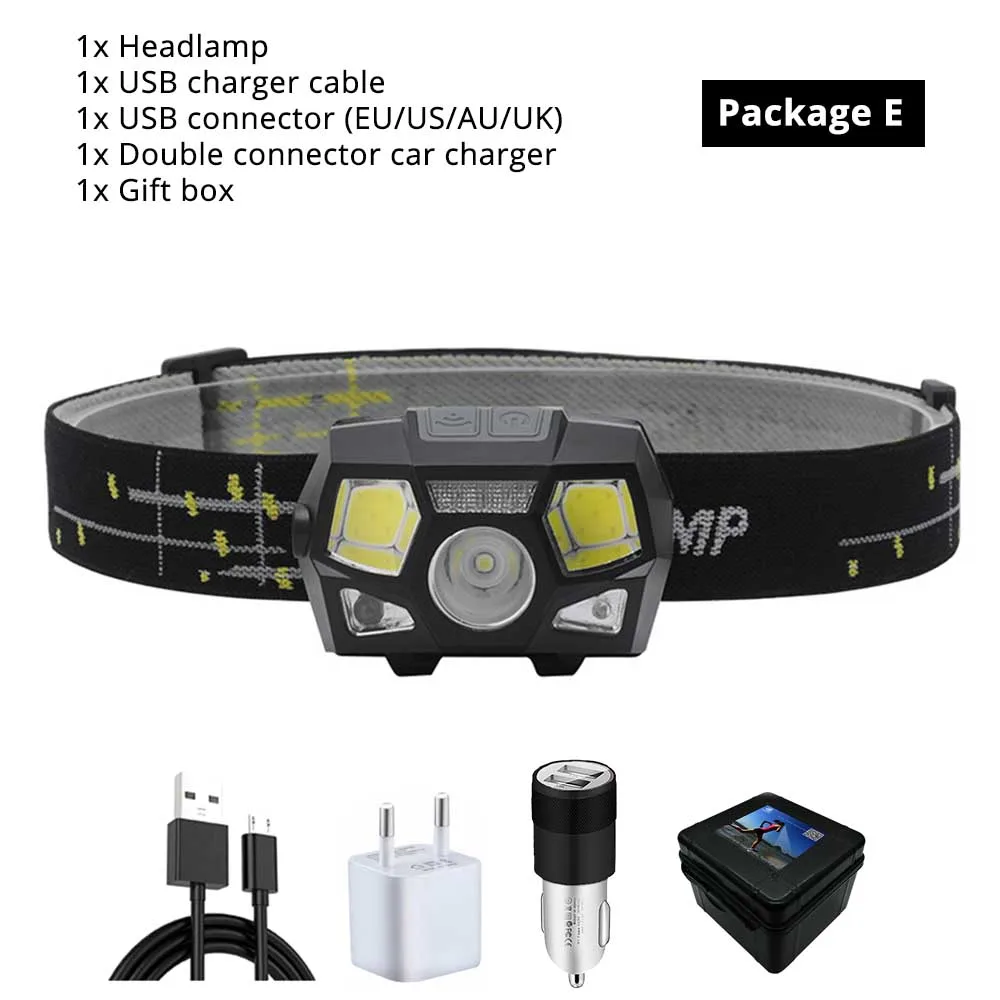 Package E Супер яркий светодиодный налобный фонарь встроенный Индуктивный датчик USB Перезаряжаемый 6 режимов освещения светодиодный налобный фонарь для бега, рыбалки и т. д - Испускаемый цвет: Package E