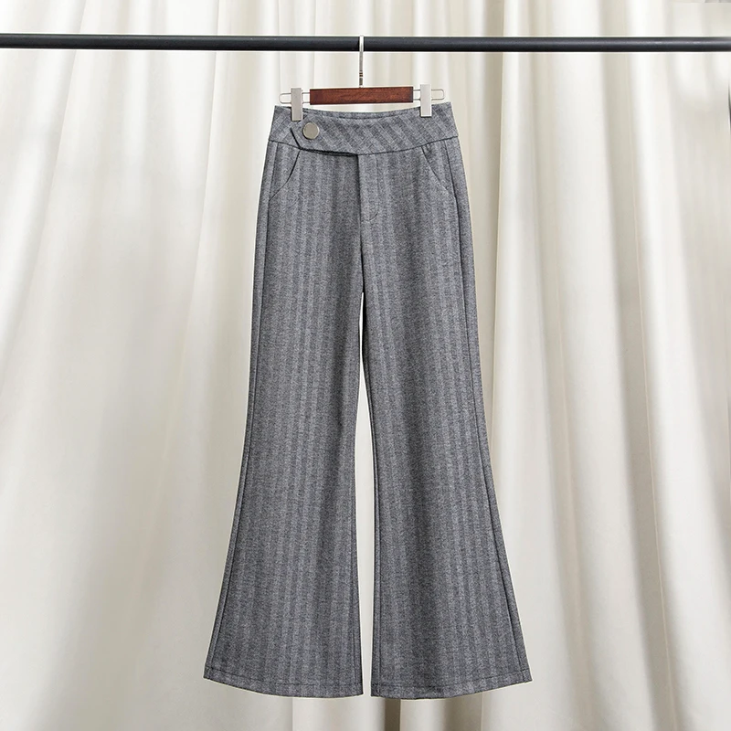 Simple Female Autumn And Winter Retro Gray High-Waist Striped Woolen Cloth Loose Casual Straight Leg Lengthened Wide-Leg Trouser