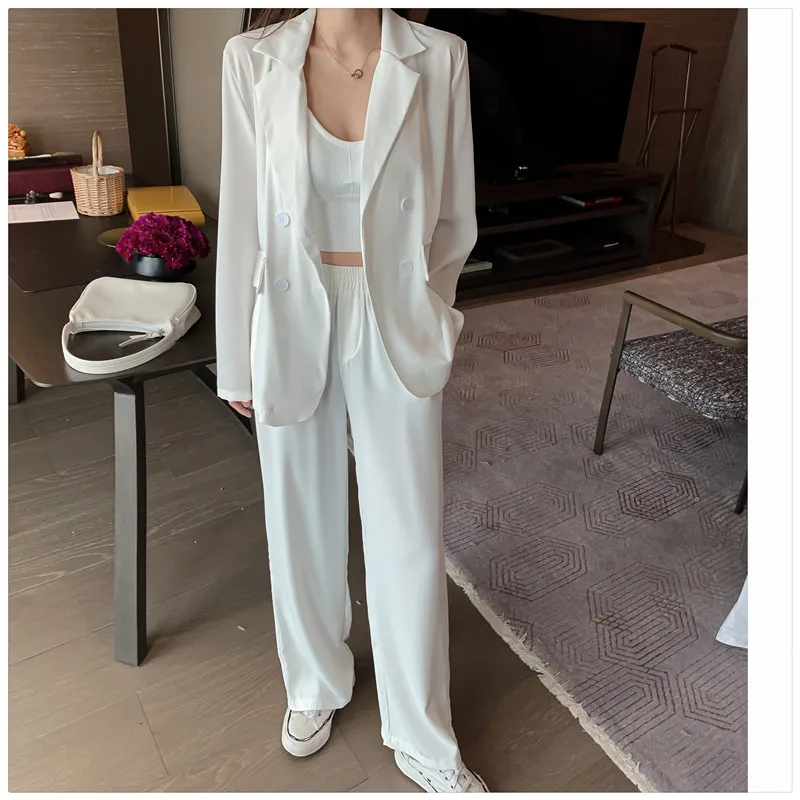 

2 Piece Sets White Blazers Long Sleeve Double Breasked Pocket Jacket Coat High Waist Pants Casual Trousers Matching Women Suits