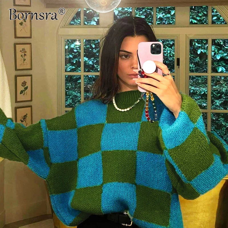 

Bornsra 2021 Autumn and Winter New Women's Fashion Round Neck Long-sleeved Contrast Sweater Loose Sweater Women