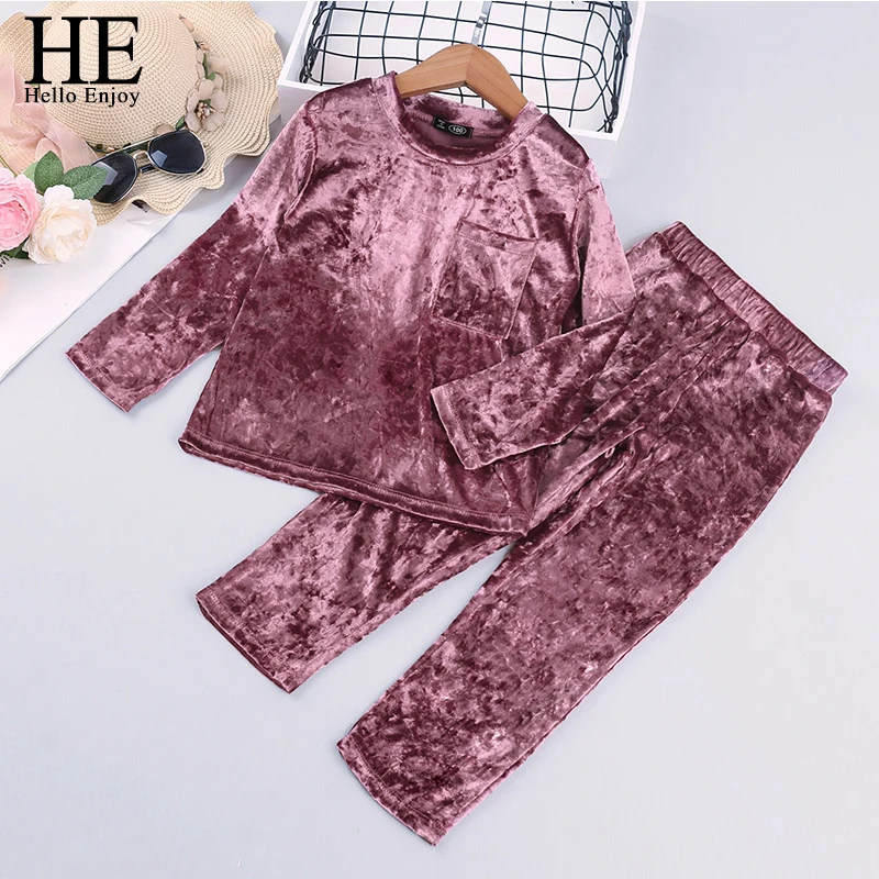 

HE Hello Enjoy Fashion Kids Baby Boy Girls Sports Clothes Toddler Baby Girl Boy Striped Velvet Autumn Spring Suit Pants 2Pcs