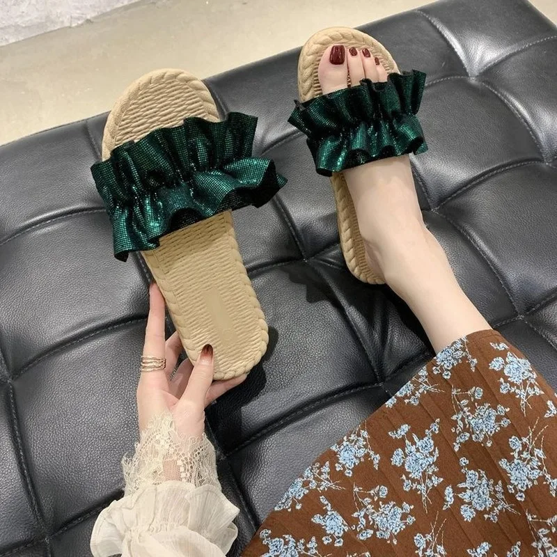 Мюли женские сетчатые плоская подошва сланцы модная повседневная удобная обувь