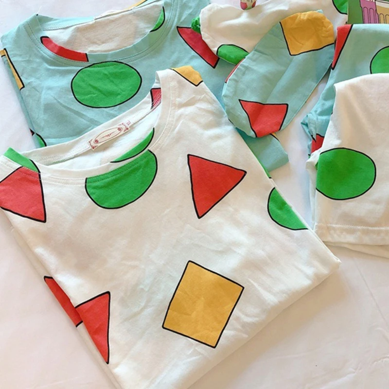 

2Pcs Women Summer Pajamas Set Short Sleeve Crew O-Neck Pullover Sleepwear Colorful Geometry Pattern Loose Lounge Homewear